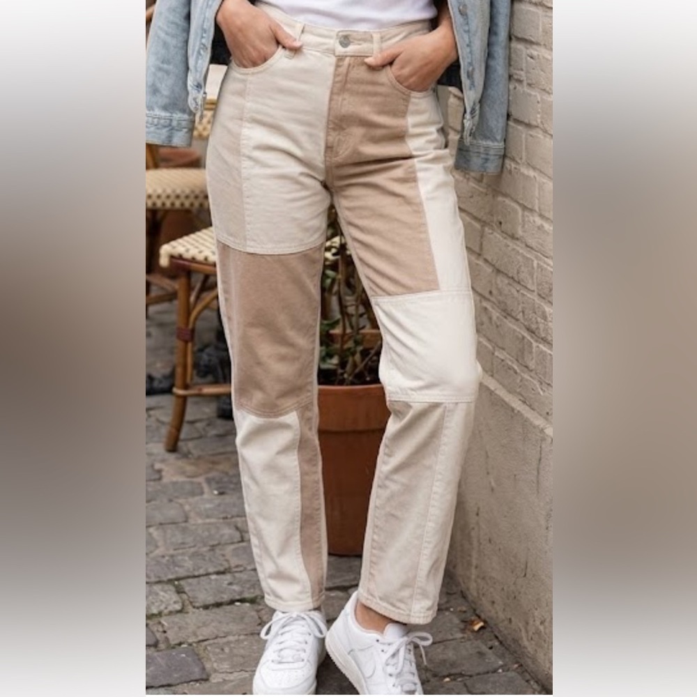 PacSun Women's Patchwork Straight Leg Jeans - Cream and Brown - Picture 2 of 11